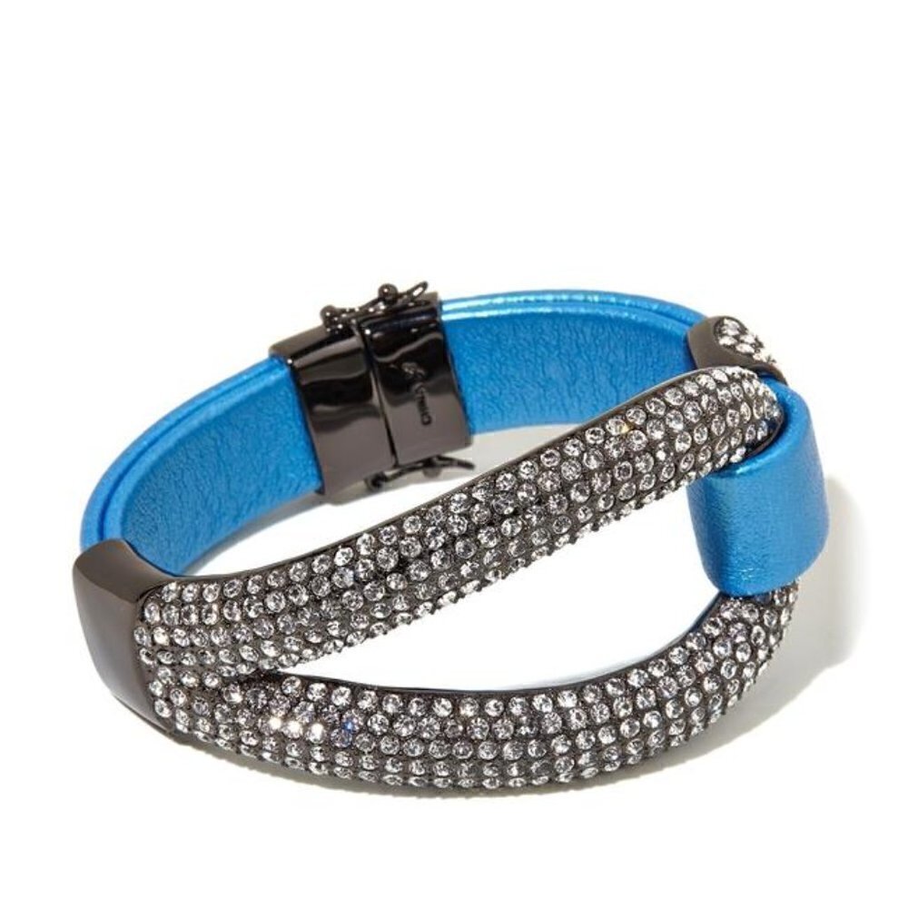 Joan Boyce “Edgy Diva” Pave Bracelet Blue Leather New No Box SPARKLE! - Picture 3 of 11
